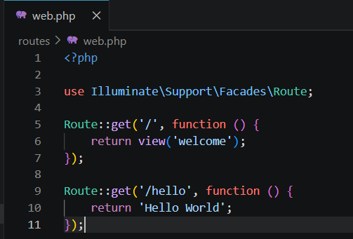 Penambahan route hello pada file web.php
